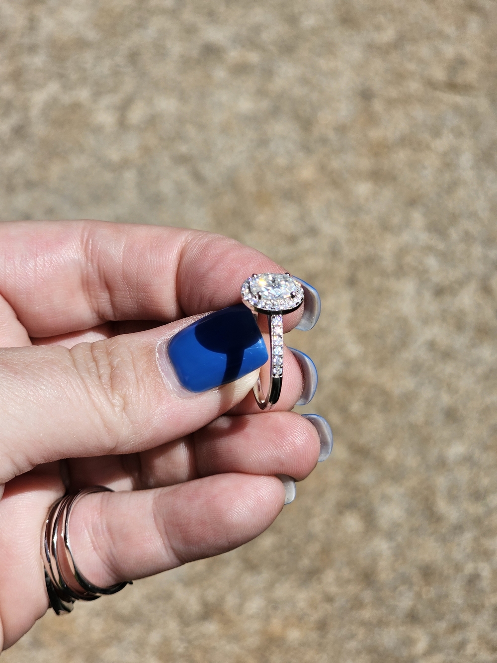 Classic Silver Halo Oval Moissanite Engagement Ring S925 - Picture 5 of 8